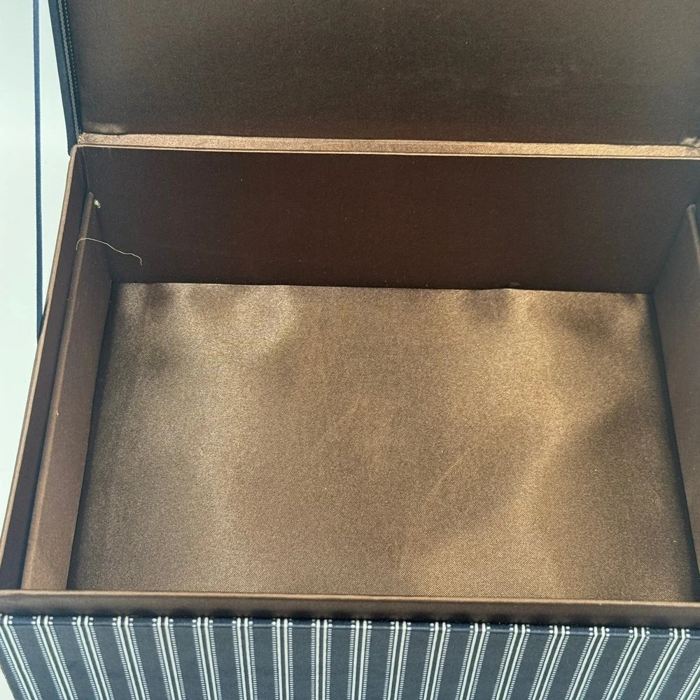 Avon Jewelry Box Navy Blue Pinstripe Brown Satin Lining Removable Tray Organizer
